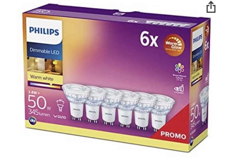 Philips - Bombilla LED cristal 50W GU10 reproducción cromática 90 luz blanca cálida 36º apertura, regulable pack 6