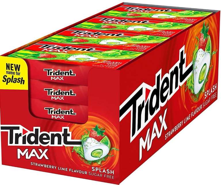 Trident Max Splash- Chicles sin Azúcar con Sabor a Fresa y Lima- Paquete de 16 Envases (+ En Descripción)