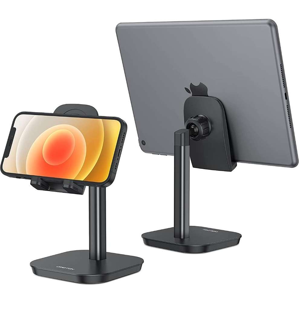 Soporte Mesa Vertical para móvil y tablet. Rotación de 360°. Compatible con dispositivos entre 4'7 y 12'9 pulgadas. Negro y plata