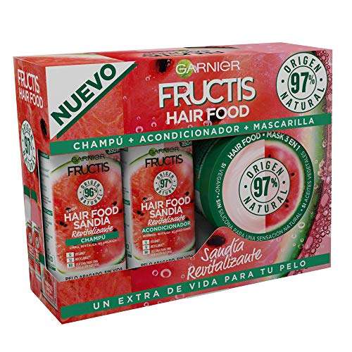 Garnier Fructis Hair Food, Pack Sandía Revitalizante con Champú, Acondicionador y Mascarilla (sin siliconas)