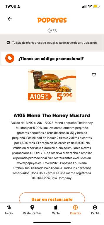 Menú Honey Mustard a 5,99 en Popeyes