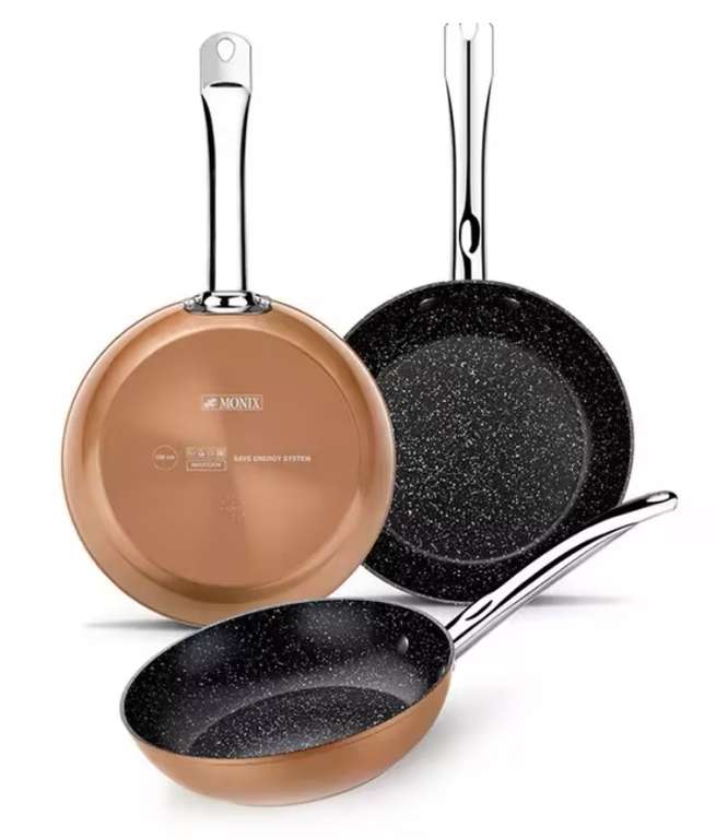Monix Copper - Set Juego Sartenes Copper, 18, 22 y 26 cm, Aluminio Acabado Cobre - Aptas Cocinas Inducción, Vitro, Gas