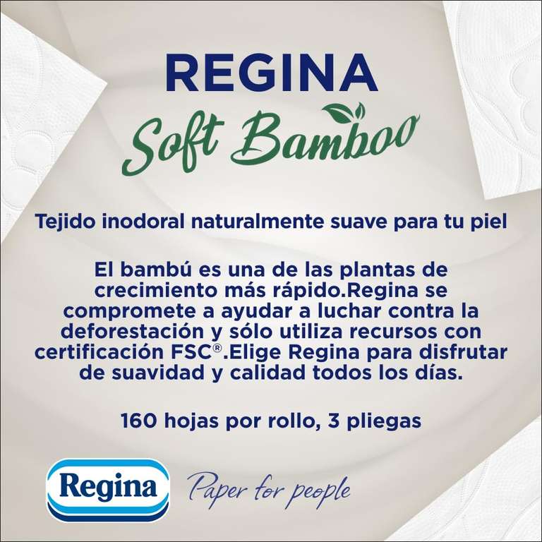Regina Soft Bamboo - 40 Rollos de Papel Higiénico 3 Capas, 160 Hojas, fabricado con Fibras de Bambú, Envase de Papel, Certificación FSC