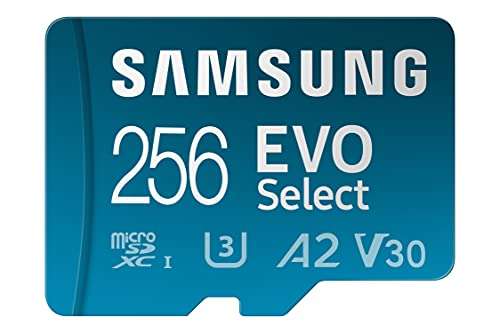 Samsung EVO Select 256GB, microSD, A2, V30, 130 MB/s, FHD, 4K UHD, tarjeta de memoria con adaptador