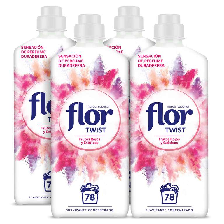 Todas las variedades de suavizante Flor en formato 312 lavados (4 botellas de 78 lavados) a 10'04€