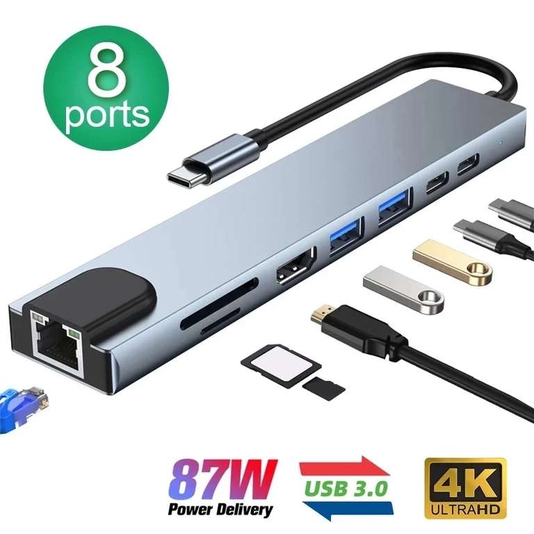Hub USB-C 8 en 1 : - Puerto Fast Ethernet - HDMI 4K - Caraga Rapida 87W, USB 2 - USB 3.0 - SD y Micro SD - 2 USB-C