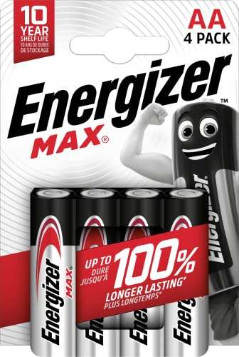 Energizer - MAX, Pack de 4 pilas AA, larga duración para uso cotidiano, sin sulfatación y 10 años vida útil