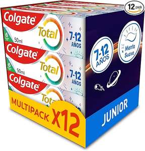 Colgate Total Junior Pasta de Dientes Infantil, Pack 12 Uds x 50ml, Protección Completa, Flúor, Anticaries, Ingredientes Antibacterianos,