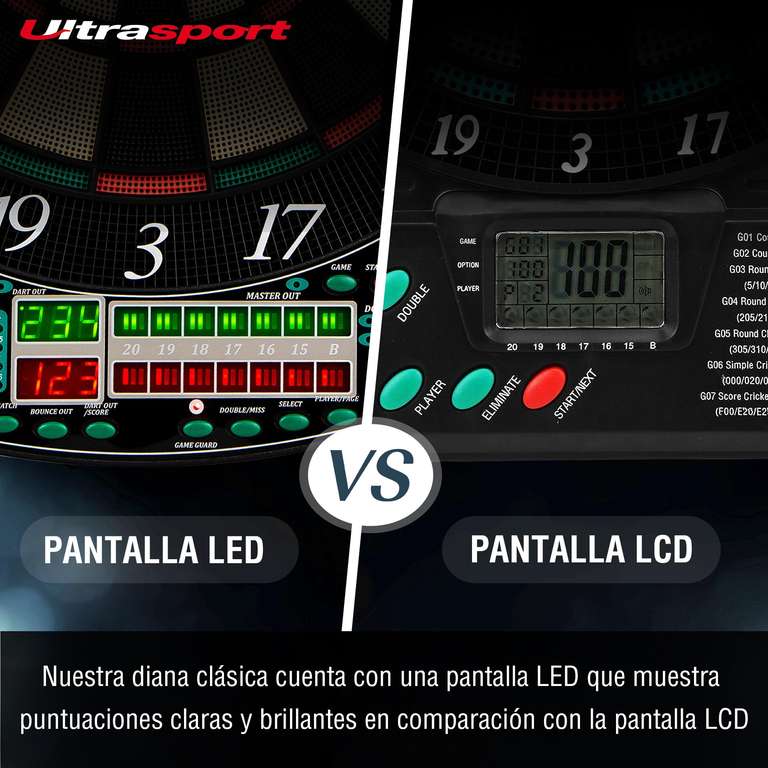 Ultrasport Diana eléctrica. Máquina de Dardos hasta 16 Jugadores, Incluye línea de Tiro, 12 Dardos y 100 Puntas Blandas
