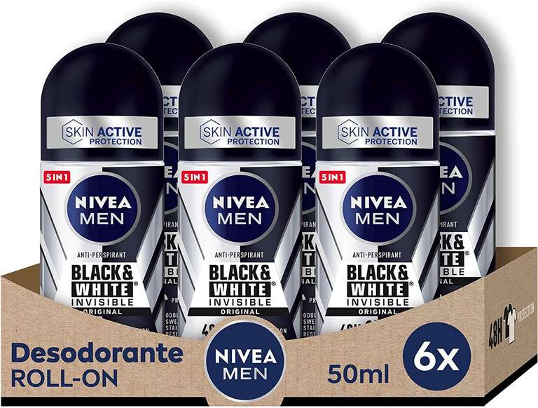 18 desodorantes NIVEA MEN Black & White Invisible Original Roll-on pack de 6 (6 x 50 ml). 1'12€/ud