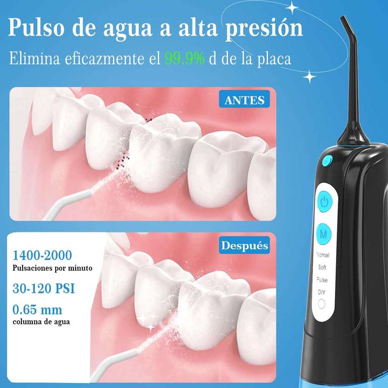 Irrigador Dental Portatil 300ML 5 Boquillas 4 Modos Limpieza Dental, USB Recargable