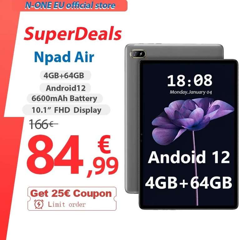 Tablet NPad Air 10,1, 1920x1200 FHD, IPS, red 4G, 4GB de RAM, 64GB de ROM, 6600mAh, UNISOC T310, Android 12, tipo C, Wifi Dual