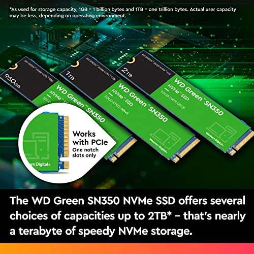 WD Green SN350 1TB NVMe Internal SSD Solid State Drive - Gen3 PCIe, QLC, M.2 2280, Up to 3,200 MB/s