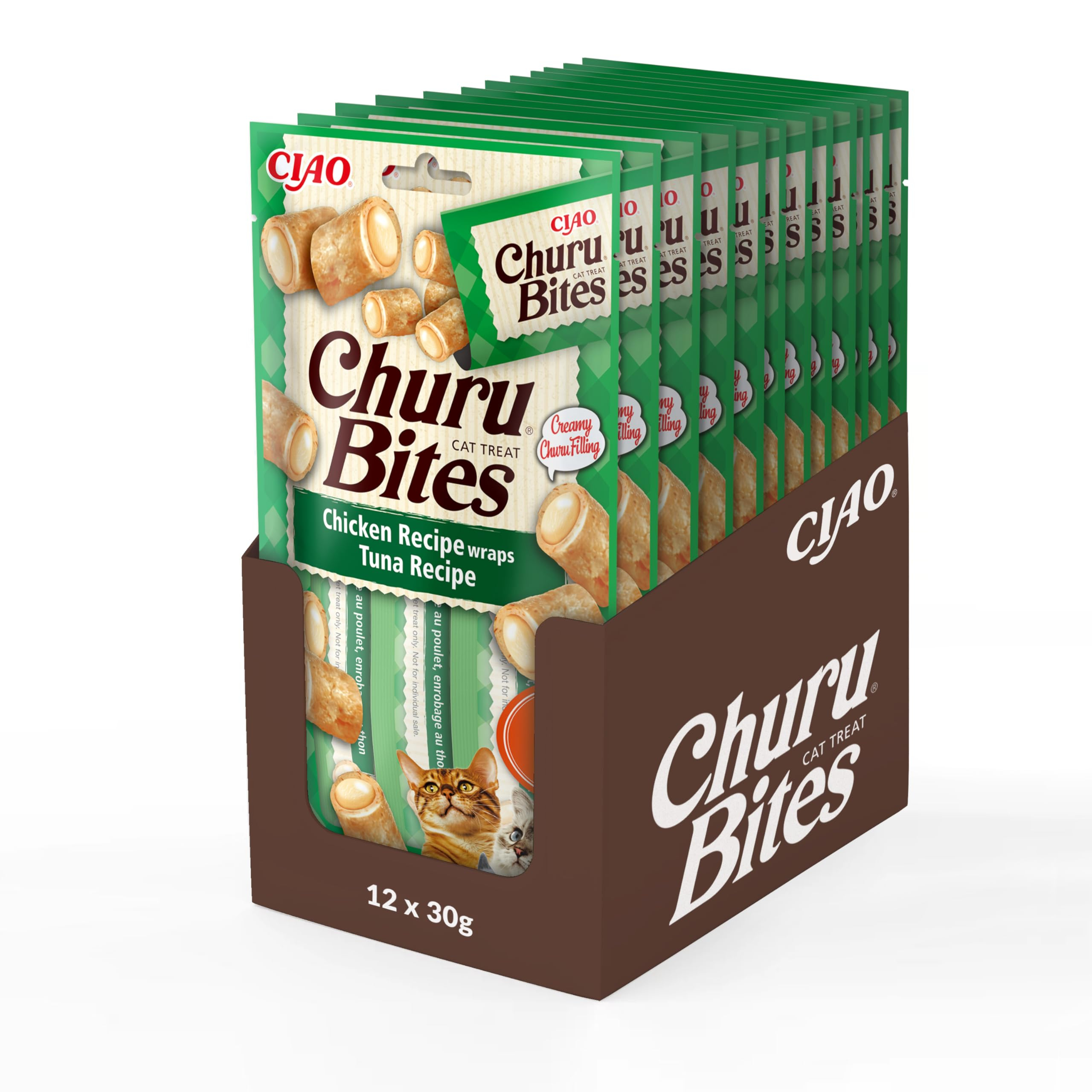 INABA Churu Bites - Golosinas para Gato en Trozos de Atún, Cubiertas de Pollo - Blandas y Cremosas - 36 Tubos x 10g