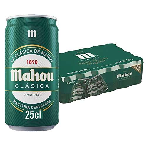 Mahou Clasica, Cerveza Mahou Dorada Lager, Pack de 24 Latas x 25 cl, 4,8% Volumen de Alcohol