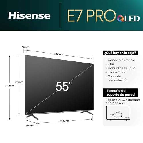 Hisense 55E7NQ Pro - QLED Gaming TV, 55 Pulgadas Televisor, VRR 144Hz HSR 240 fps, AMD Freesync Premium Pro (2024)