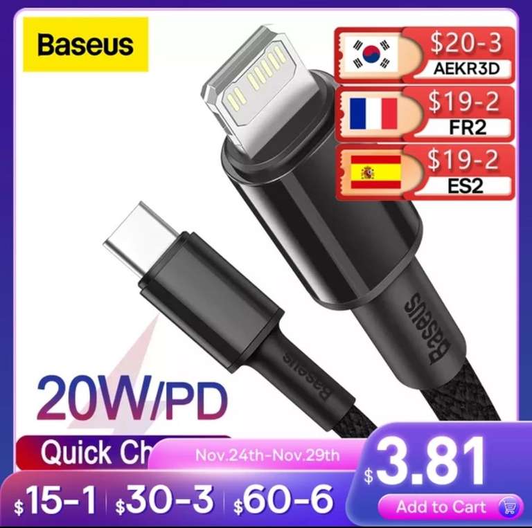 Baseus Cable USB Tipo C para iPhone, Carga Rápida, Datos, Potencia de 20 W