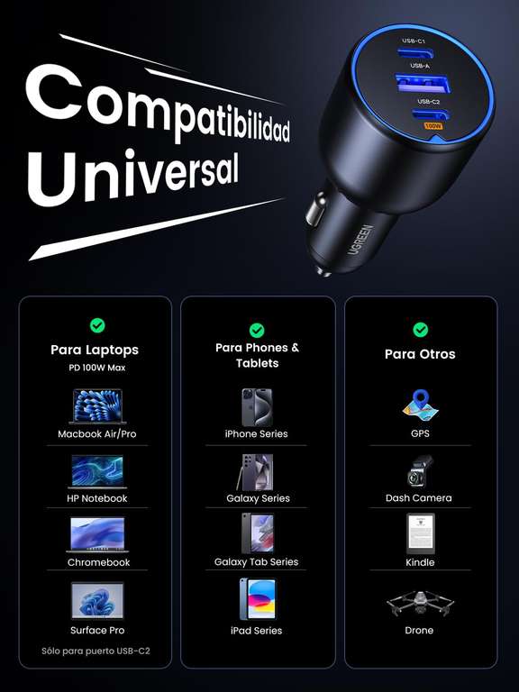 Cargador de Coche UGREEN 130W USB C con 3 Puertos - Carga Rápida y Compatibilidad Universal para iPhone, Samsung, Xiaomi, MacBook, y Más