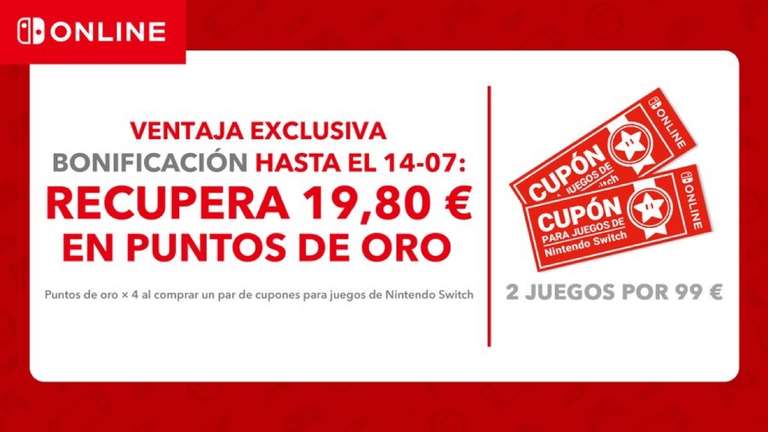 Cupones Nintendo Switch Online + 19,80€ puntos de oro [se pueden usar tarjetas eShop y ahorrar unos 20€ más]