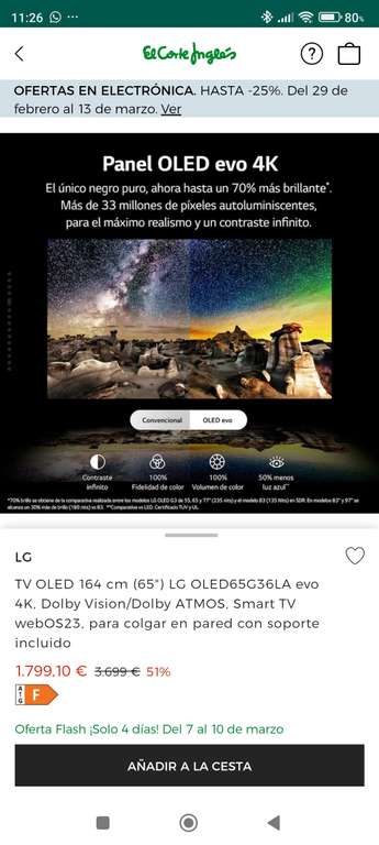 TV OLED 164 cm (65") LG OLED65G36LA evo 4K, Dolby Vision/Dolby ATMOS