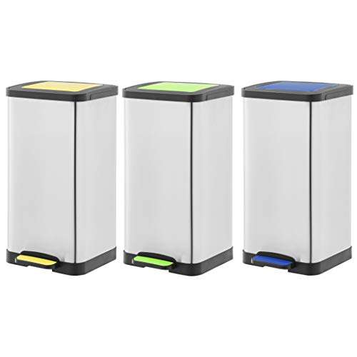 Amazon Basics - Cubo de basura, 3 unidades, con 3 cubos de 15 L, color amarillo, azul y verde