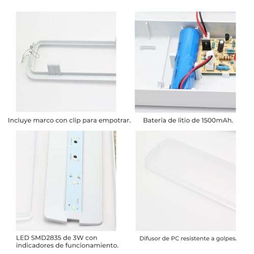 Luz de Emergencia LED 3W con Batería de Litio, Chip LED de SMD2835 265lm Duración de 3 Horas - Incluye Kit de Empotrar y Clips