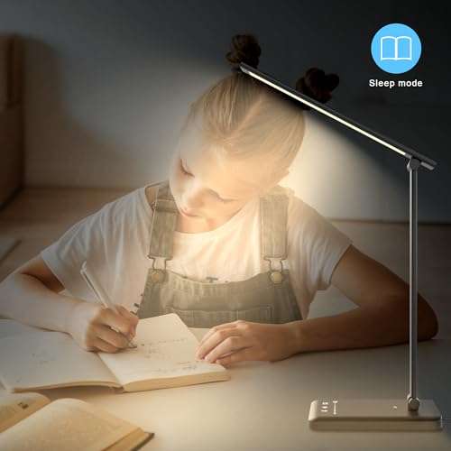 Aourow Lámpara Escritorio LED Regulable: Lámpara Mesa con 5 Colores de Luz y 5 Niveles de Brillo,Puerto de Carga USB para Smartphone