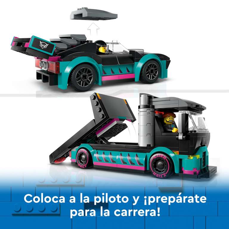 LEGO City Coche de Carreras y Camión de Transporte de Juguete, con Vehículo de Competición,Minifiguras de Piloto y Camionero