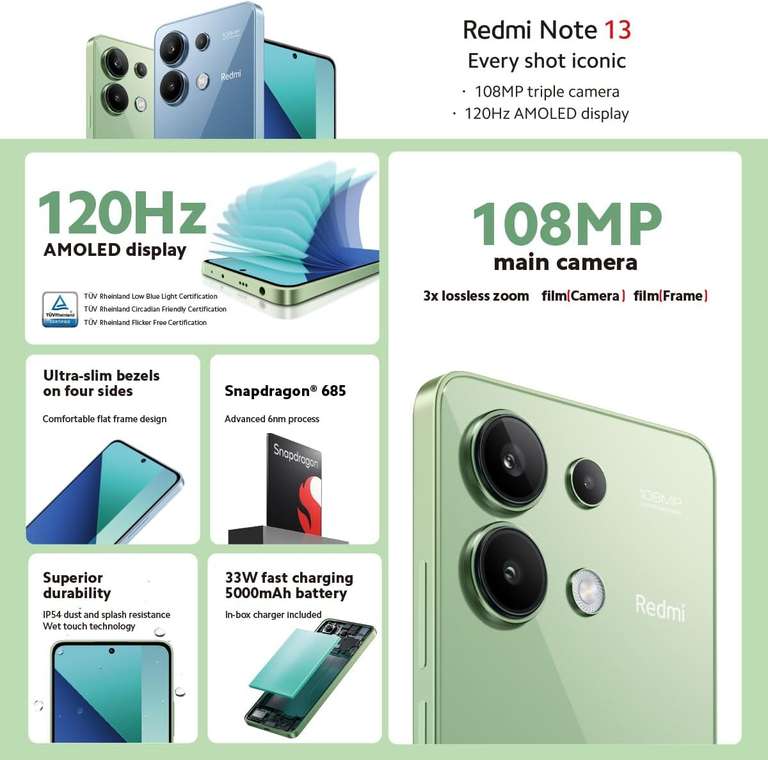 Xiaomi Redmi Note 13 - 8/128GB, Amoled de 6,67", 120Hz, SD 685, 100MP, 5000mAh, 33W -- 8/256GB por 149€ - Smartphone