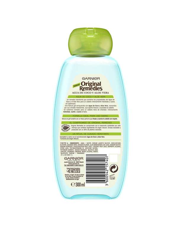 3x Garnier Original Remedies - Champú Hidratante Agua de Coco y Aloe Vera para Pelo Normal - 300 ml. 1'78€/ud. (+ en descripción)