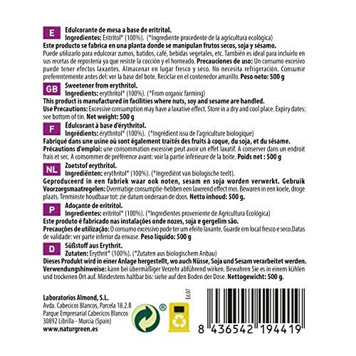 NaturGreen - Eritritol Bio, Edulcorante Natural, Orgánico, Ecológico, Sustutivo del Azúcar, Bajo indice Glucémico, 500 g