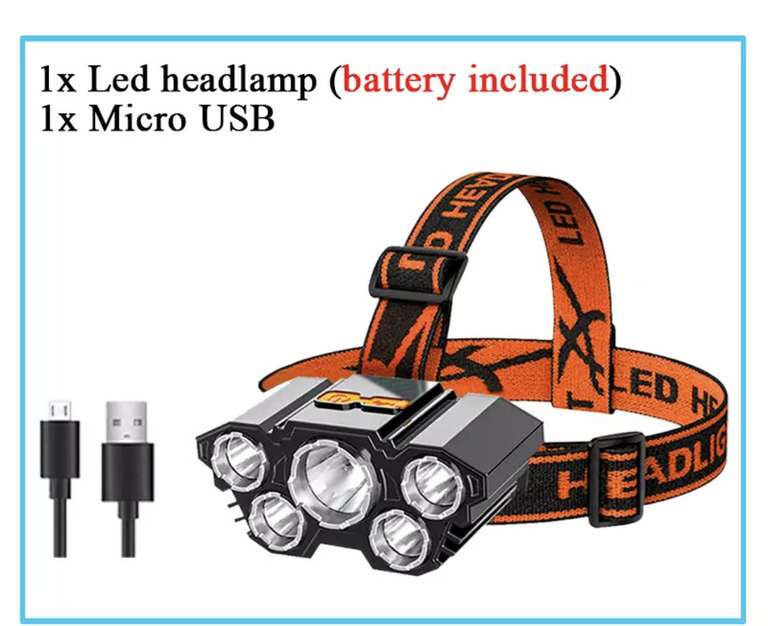 Linterna Frontal LED Recargable USB, Opción con Accesorios