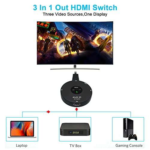 Conmutador HDMI,Switch HDMI 3 Entradas a 1 Salida, Duplicador HDMI 3D 4K