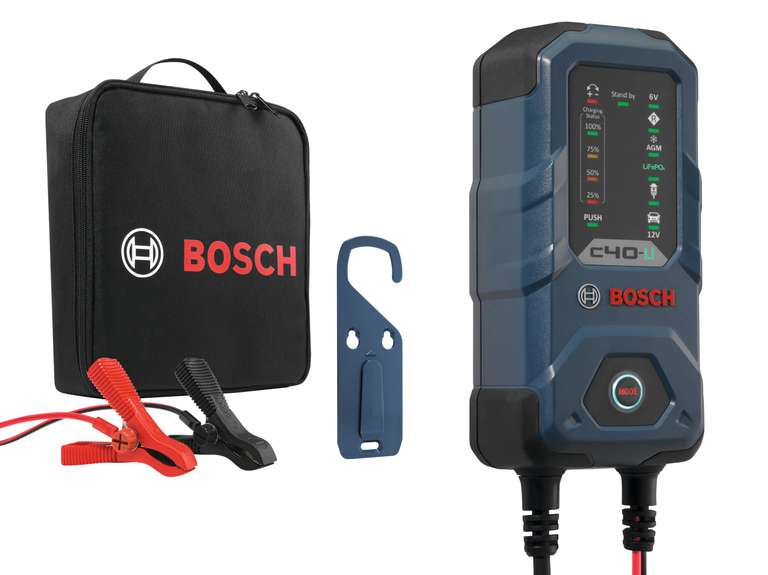 Bosch Cargador Batería Coche C40-Li, 5 Amperios, Función de Carga de Goteo, para Baterías de Litio, Plomo-ácido, AGM, Gel, y EFB, 6 V/ 12V