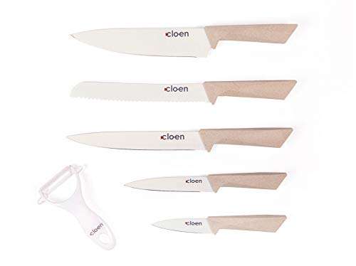 Set de 6 piezas, Modelo CLOEN CHEF. 5 cuchillos de acero inoxidable con recubrimiento antiadherente y 1 pelador con hoja cerámica.