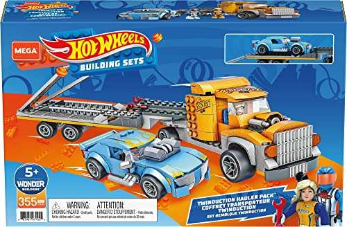Mega Construx Hot Wheels Camión de transporte y coche Vehículos de juguete de 180 bloques de construcción con 2 figuras Mattel GYG66