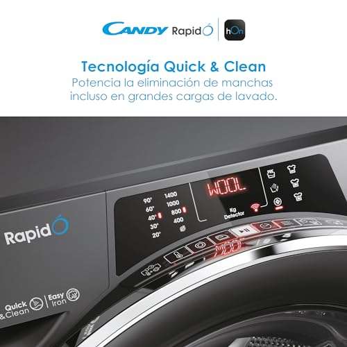 Candy RapidO RO1496DWMCRT/1-S Lavadora 9 KG, 1400 RPM, Pantalla Smart Text, Panel Smart Touch, Wi-Fi, Snap & Wash, 16 Ciclos, 9 Rápido