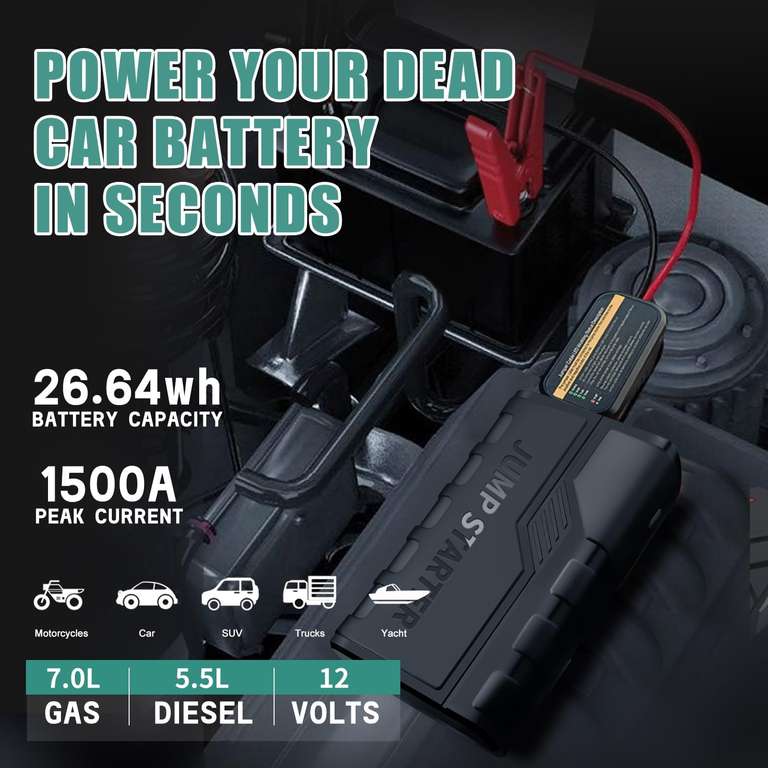 Arrancador de Baterias,1500A 12V Arrancador de Baterias para Coche/Motocicleta con Carga rápida USB y Linterna LED de Emergencia