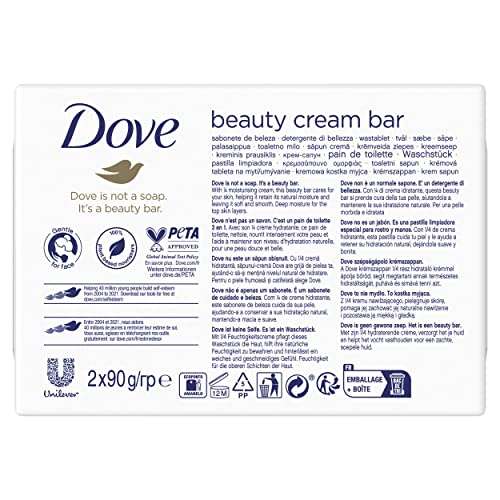Dove Jabón en Pastilla Limpiadora para Manos y Cara 2 en 1 con 1/4 de Crema Hidratante - Pack de 2 x 90g