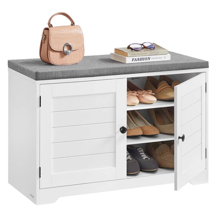 Banco Zapatero 3 Niveles con Cojín y Puertas Blanco y Gris – Banco zapatero con cojín, 3 niveles y estantes ajustables 81 cm