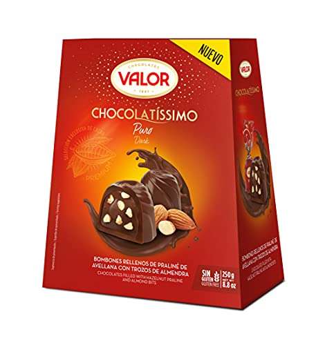 Valor - Chocolatíssimo Puro. Bombones de chocolate puro con praliné de avellana y trozos de almendra. Intenso Sabor y Aroma - 250 Gramos