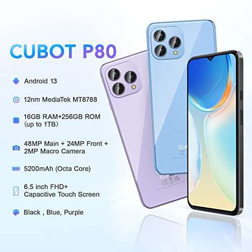 CUBOT P80: Smartphone 8+256GB, 48MP+24MP, 6,58" FHD+, 5200mAh, DualSim, NFC