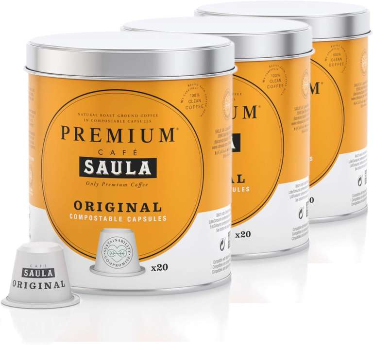 Café Saula, Pack 3 botes con 60 cápsulas compostables. Café 100% Orgánico. Compatibles Nespresso. También Descafeinado y Original.