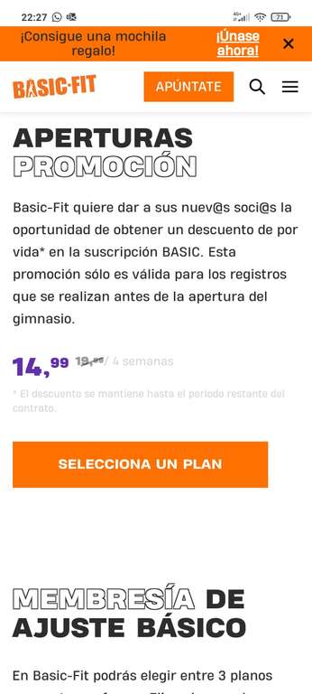 Promoción Basic Fit, Socios Fundadores precio 14'99€ el mes