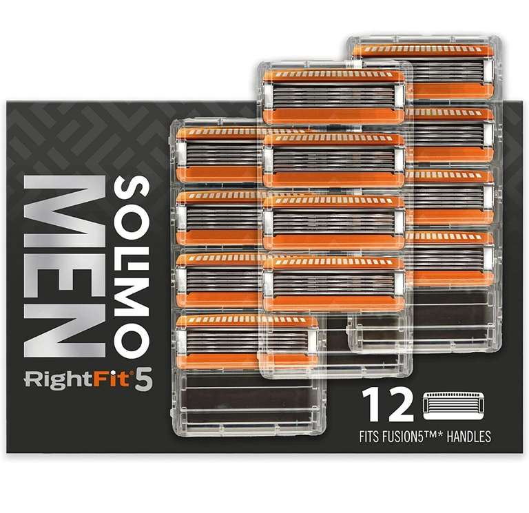 Solimo RightFit5 Cuchillas de Afeitar Hombre, Paquete de 12 Cuchillas de Recambio - encaja en mangos Fusion5*