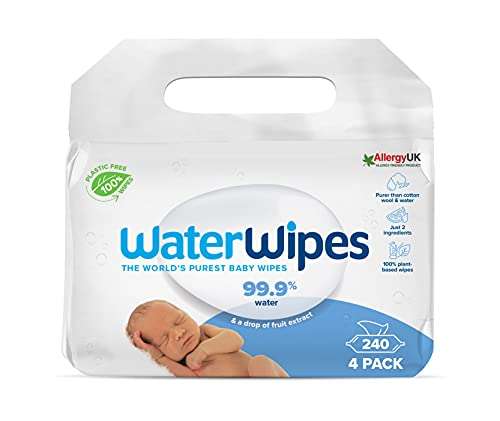 WaterWipes - Toallitas biodegradables para bebés recién nacidos, 240 unidades (4 paquetes) (compra R) (disponible con más unidades)