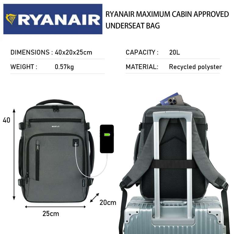 ECOHUB Ryanair Bolsa de cabina 40x20x25 Mano de viaje, Negro -, Negocio