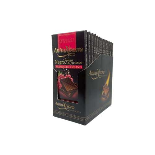 Antiu Xixona Chocolates Premium - Chocolate Negro 72% Cacao con Arándanos y Sésamo - Pack 15 (15x100g) - Sin Gluten - Sabor Intenso