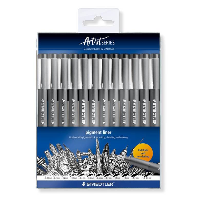 STAEDTLER 308-9 TB12 – Rotuladores de pigmento para trazar, varios anchos de línea, color negro – Juego de 12