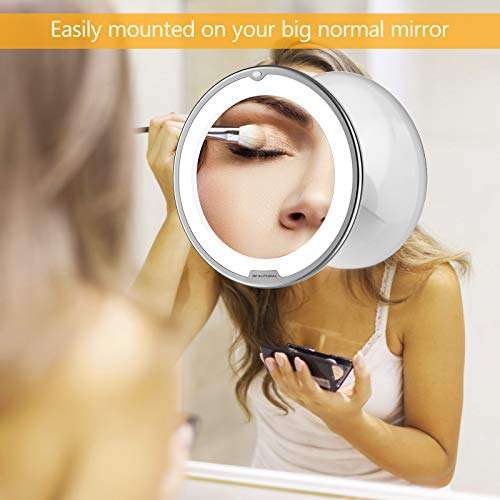 Espejo Aumento 10X de Baño, Espejo Maquillaje con luz LED, Giratorio y Ventosa de Pared, a Pilas(No Incluidas)
